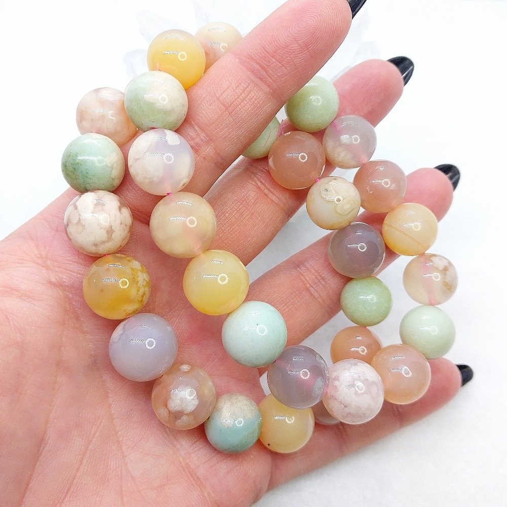🌸 12.5mm RARE Tri-Color Natural Pink Flower Agate Bracelets - Picture 3 of 3